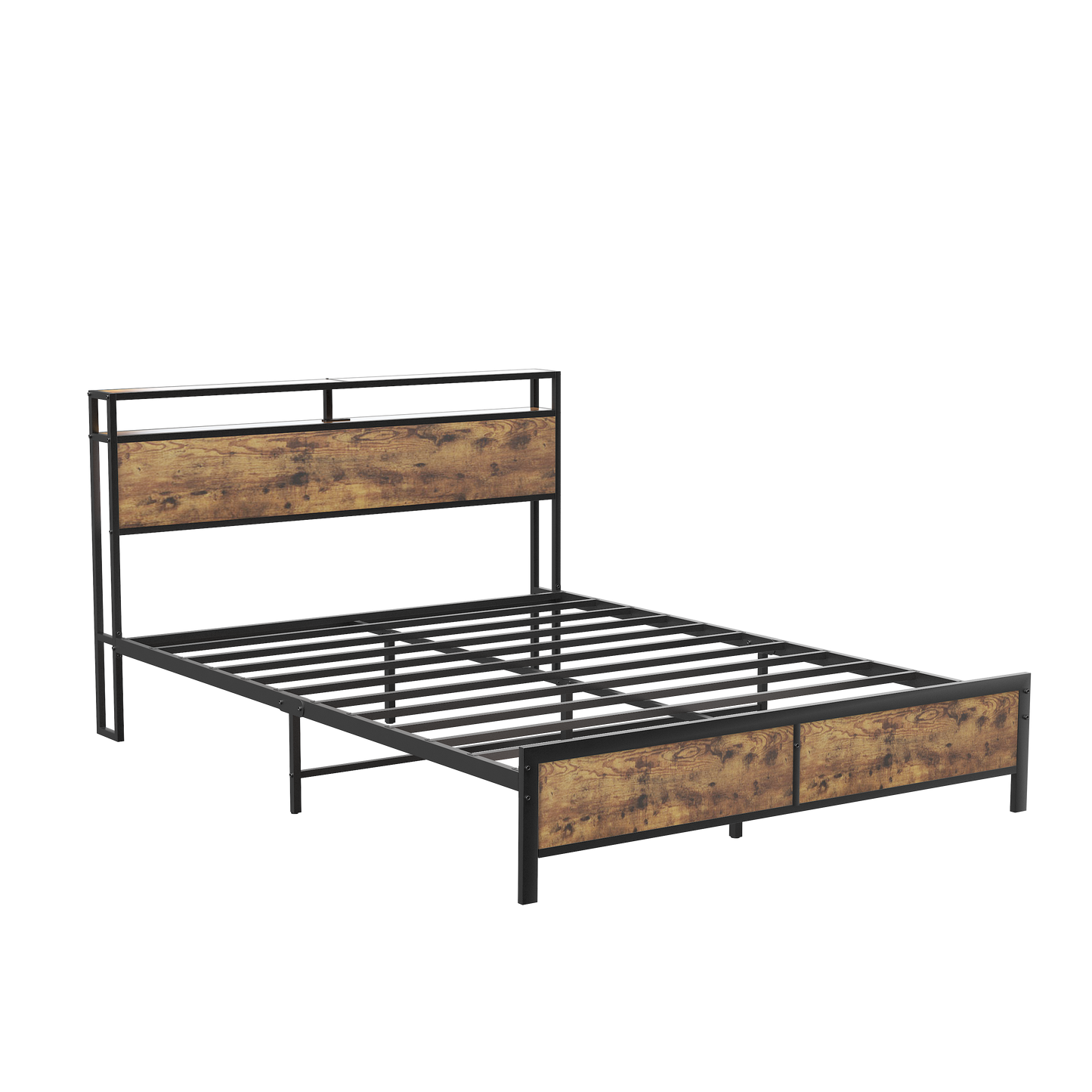 Industrial Full Bed Frame with LED Lights and 2 USB Ports, Bed Frame Full Size with Storage, Noise Free, No Box Spring Needed, Rustic Brown