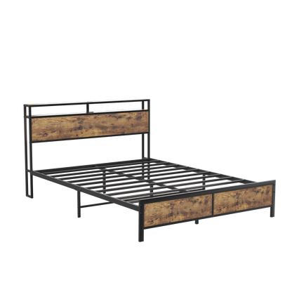 Industrial Full Bed Frame with LED Lights and 2 USB Ports, Bed Frame Full Size with Storage, Noise Free, No Box Spring Needed, Rustic Brown