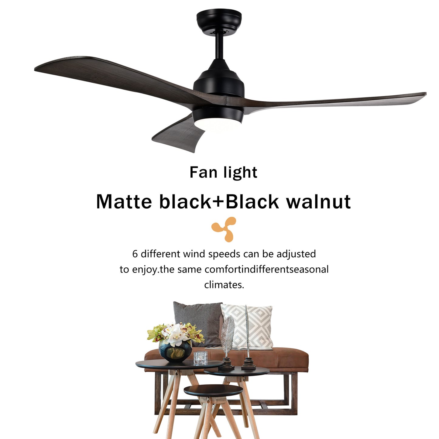 52" Ceiling Fan with Lights Remote Control,Quiet DC Motor 3 Blade Ceiling Fans 6 Speed Levels,Reversible Ceiling Fan, for Patio Living Room, Bedroom, Office,Indoor.(Matte Black +Black Walnut )