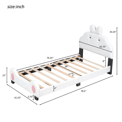 Twin Size Upholstered Platform Bed with Cartoon Headboard and Footboard, White+Pink