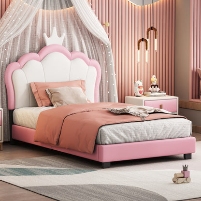 Twin size Upholstered Princess Bed With Crown Headboard,Twin Size Platform Bed with Headboard and Footboard,White+Pink