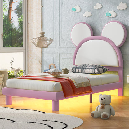 Twin Size Upholstered Platform Bed with Cartoon Ears Shaped Headboard and LED, White&Pink