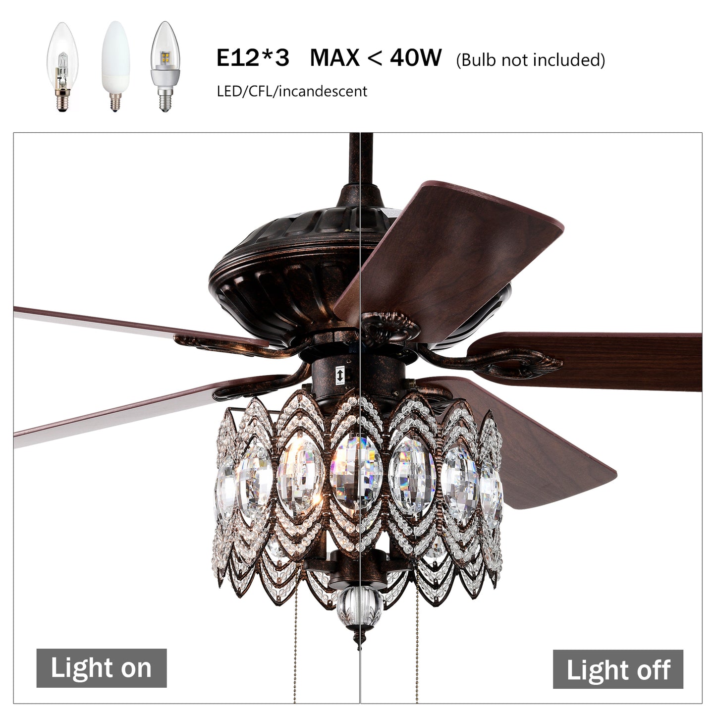 52'' Classical Crystal Ceiling Fan Lamp,3 Speed , 5 Reversible Blades for Living Room, Dining Room, Bedroom, Family Room, Rustic bronze ,3PCS*E12  (NO Include Bulb, Hand Pull Chain)