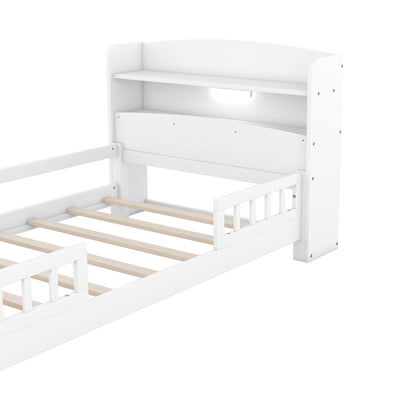 Wood Twin Size Platform Bed with Built-in LED Light, Storage Headboard and Guardrail, White