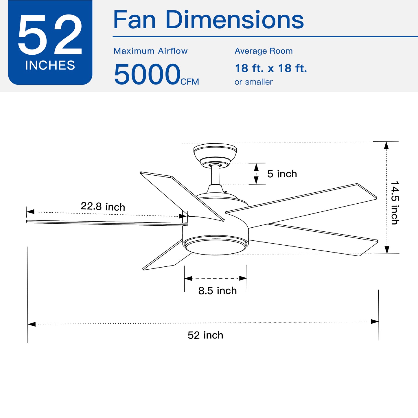 52 inch indoor 5 plywood black ceiling fan with light