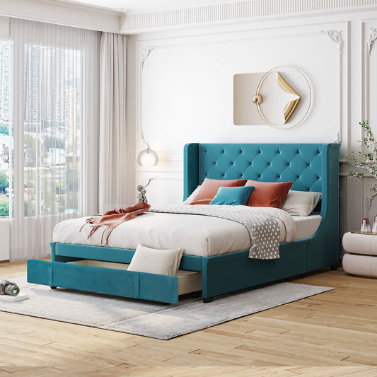 Queen Size Storage Bed Velvet Upholstered Platform Bed with Wingback Headboard and a Big Drawer (Blue)