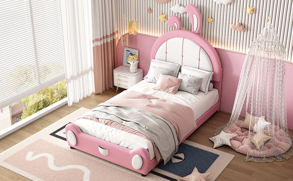 Twin Size Upholstered Platform Bed with Rabbit Shaped Headboard, Pink