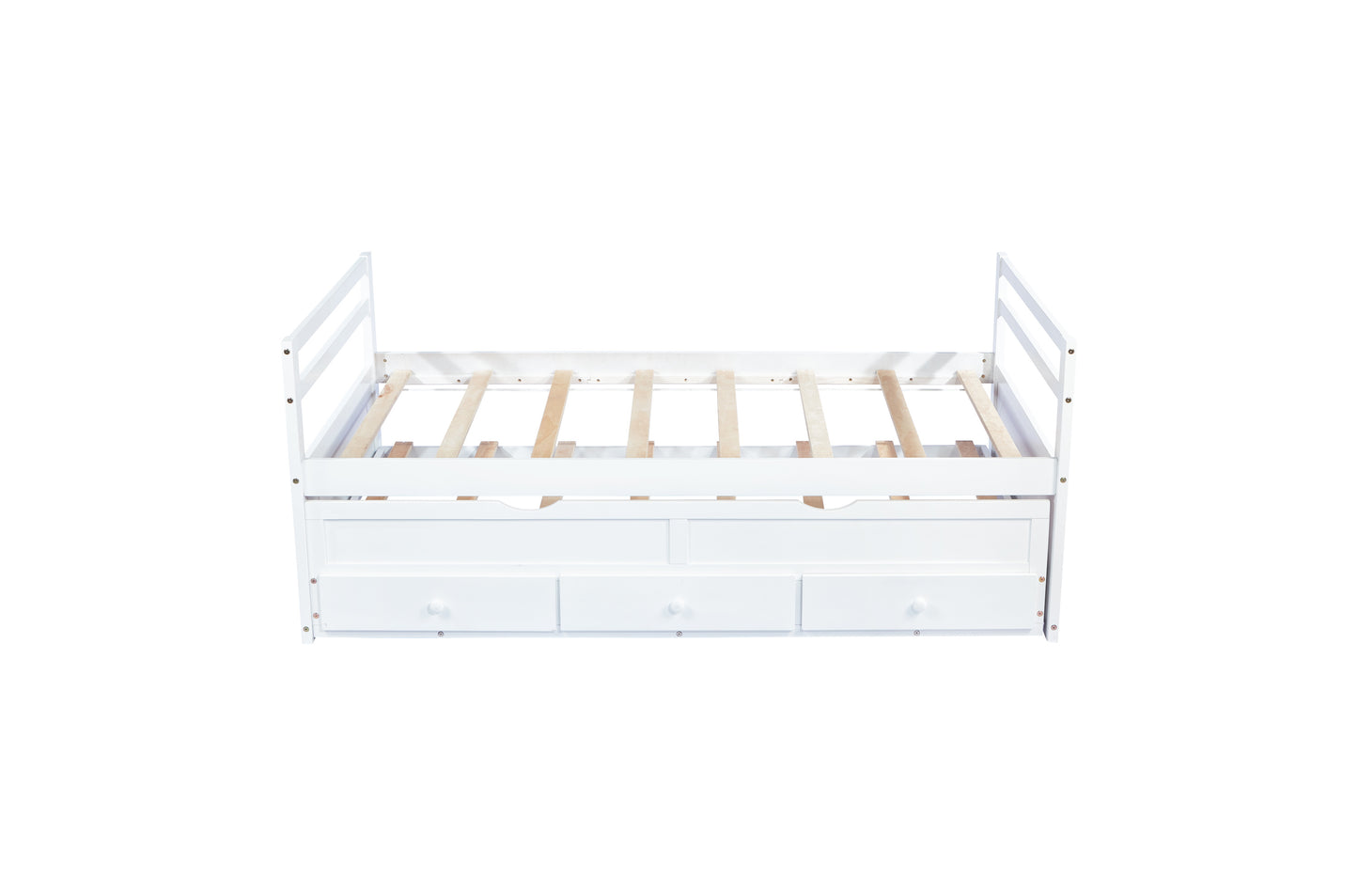 Twin Size Bed with Headboard, Footboard, Trundle and Three Storage Drawers, Twin Size Pine Wood Bed with Headboard, Footboard,White