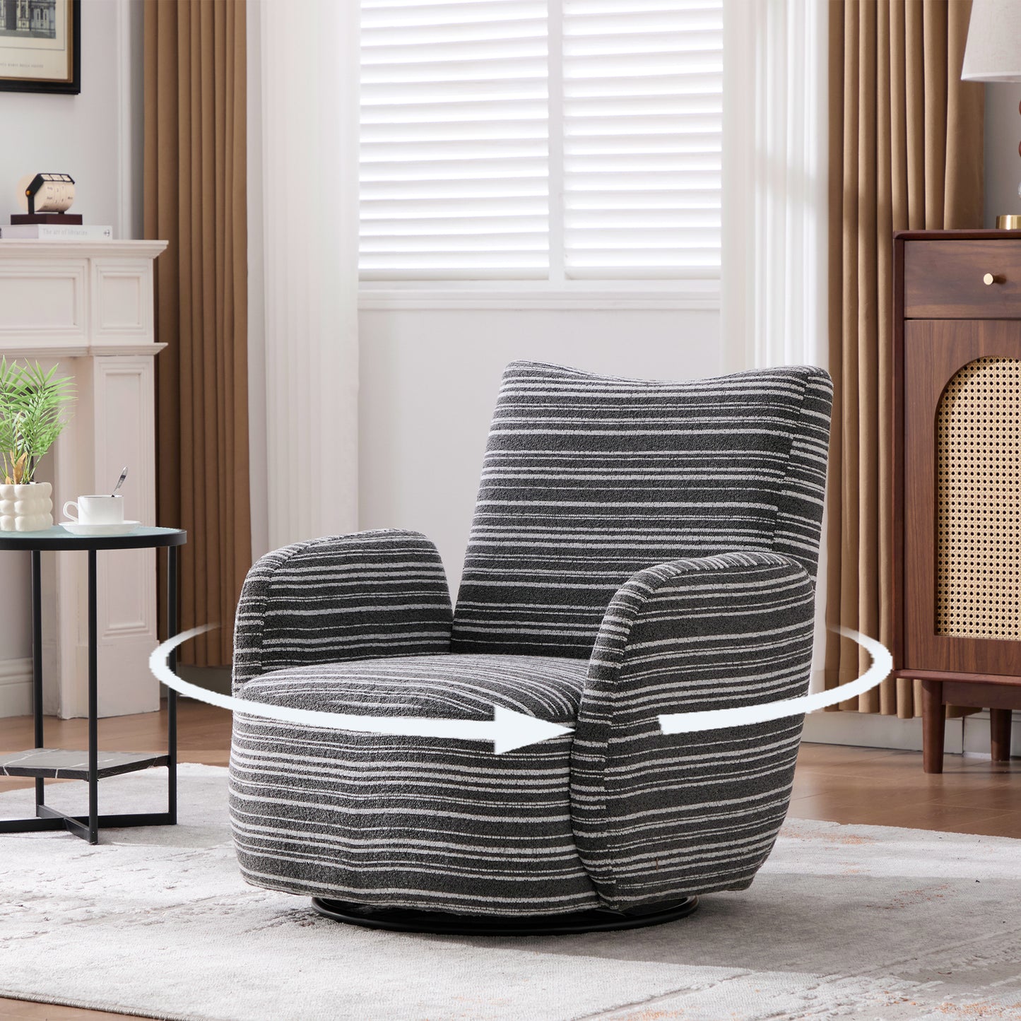 Modern Style 360° Swivel Leisure Chair Fabric Striped Armrest Swivel Chair with sand-rimmed fabric and metal bracket, suitable for living room, balcony and bedroom