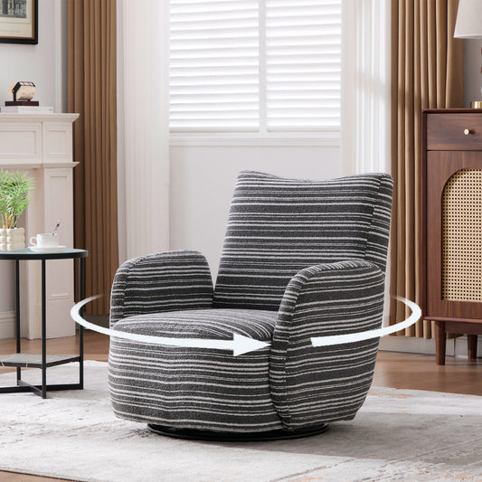 Modern Style 360° Swivel Leisure Chair Fabric Striped Armrest Swivel Chair with sand-rimmed fabric and metal bracket, suitable for living room, balcony and bedroom