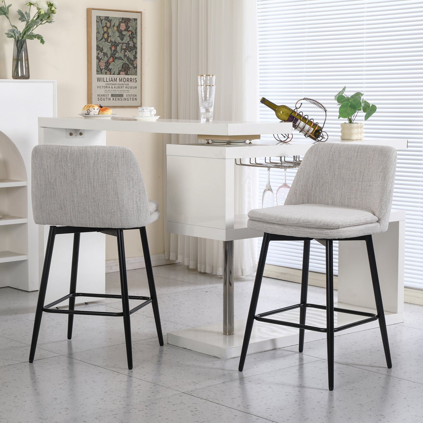 Counter Height Swivel Bar Stools Set of 2, 360° Swivel Upholstered Barstools with Back and Metal Legs, 25.6" Seat Height,Counter Stools for Kitchen Island and Pub,Linen Cloth,Off White Linen.