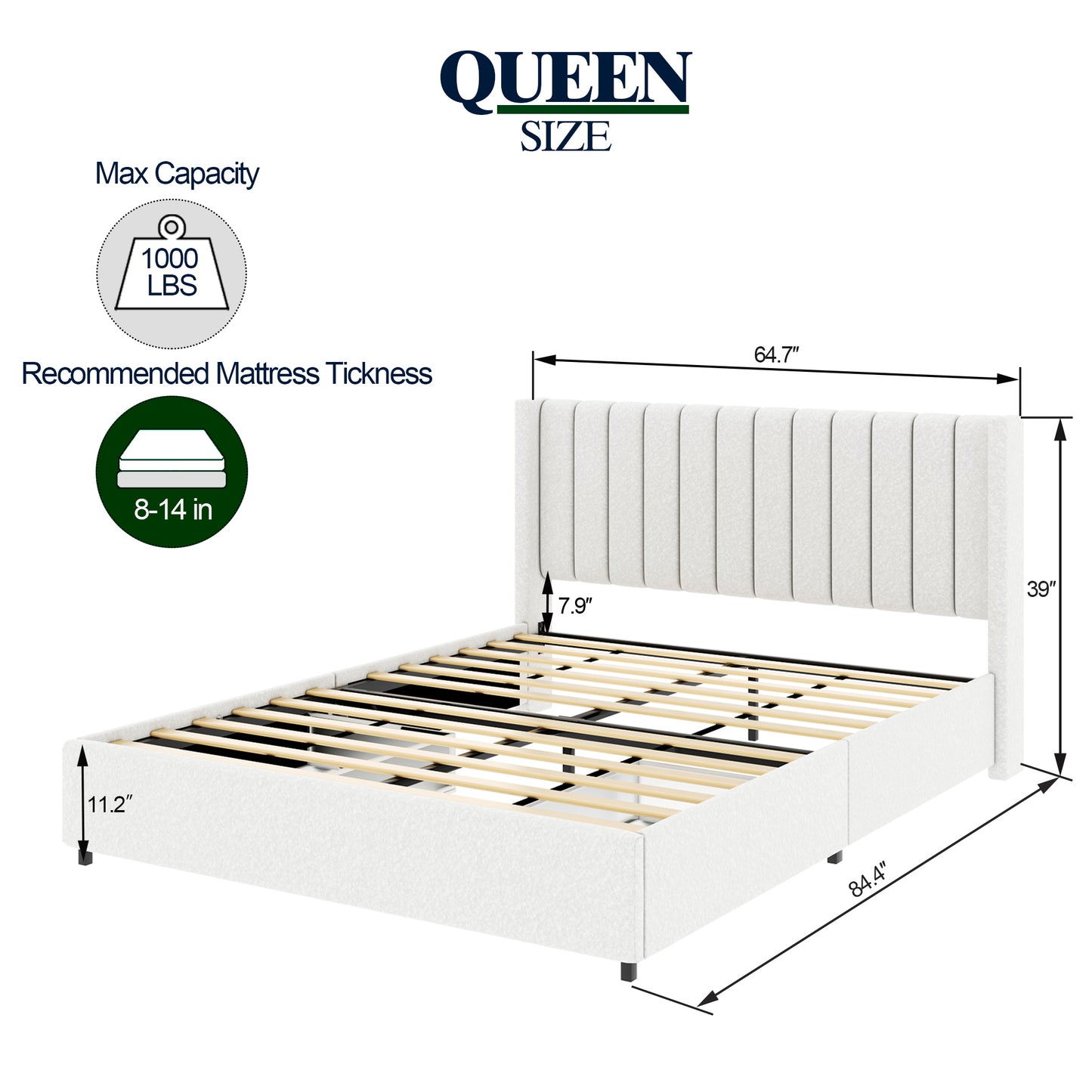 Same as B083P156197 Anda Patented 2-Drawers Storage Bed Queen Size Ivory Boucle Upholstered Platform Bed, Tufted Headboard, Wooden Slat Mattress Support, No Box Spring Needed