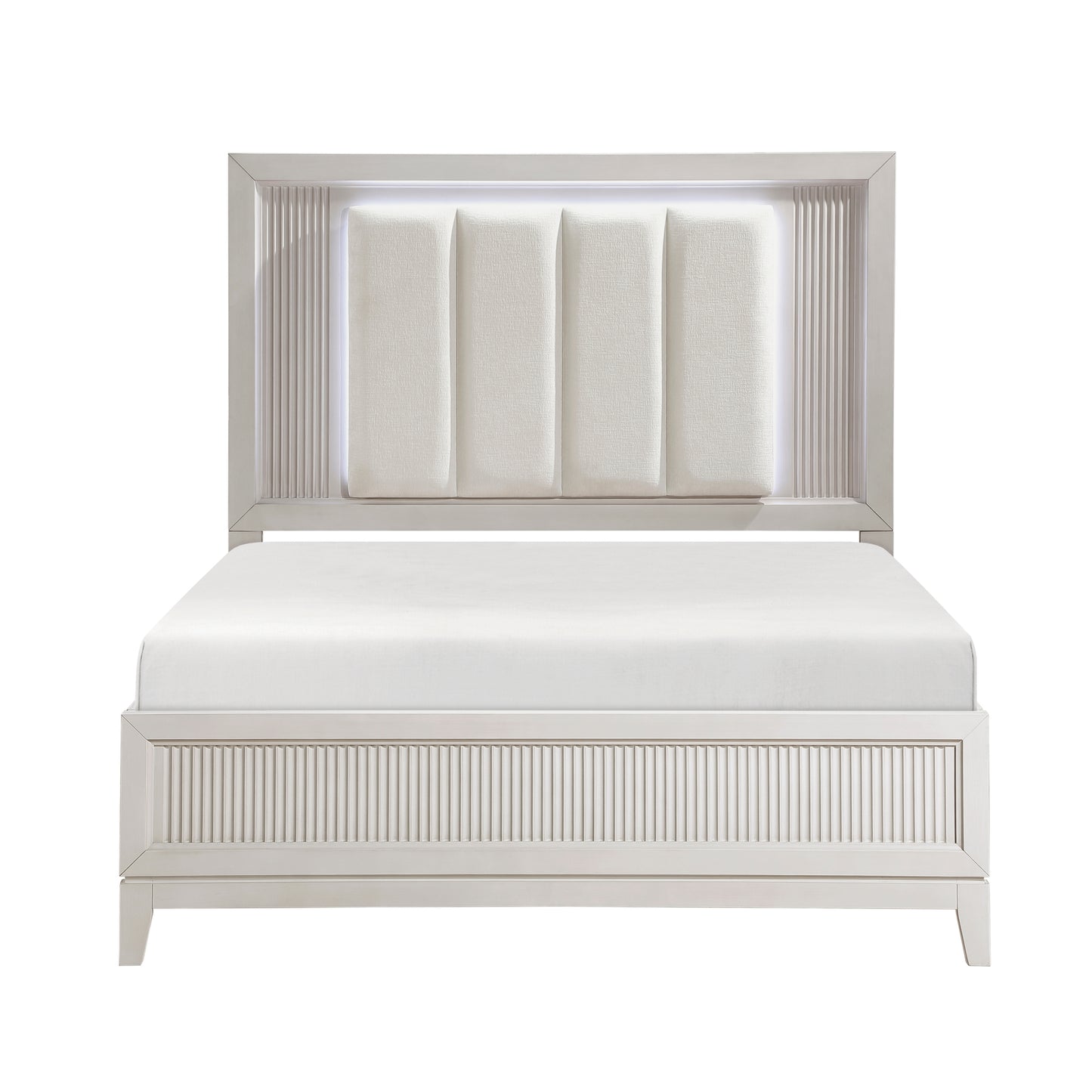 Antique White Finish Queen Bed with LED Headboard Upholstered Cushion Modern Bedroom Furniture 1pc, Reeded Fronts