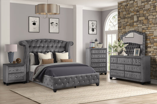 King 5 Pc Upholstery Bedroom Set Made With Wood in Gray