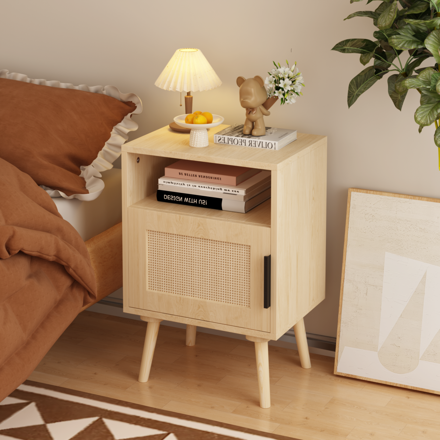 22.83'' H Rattan Nightstand, Side Table with Door Open Shelf,  Accent Bedside End Table with Solid Wood Legs for Bedroom, Dorm and Small Spaces, Oak