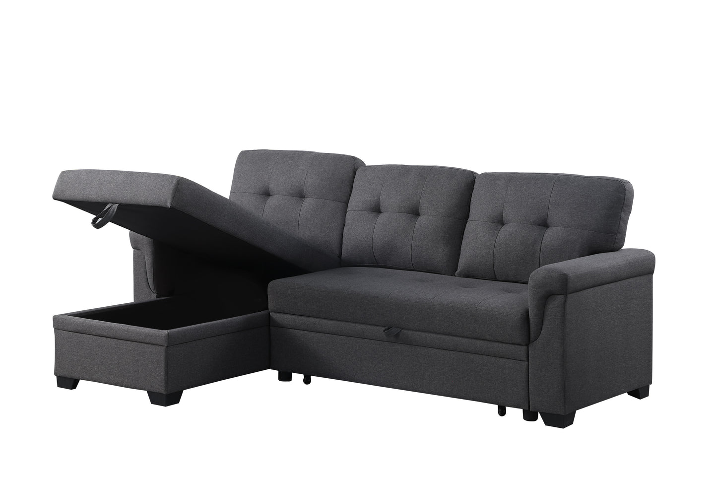 Lucca 84" Dark Gray Linen Reversible Sleeper Sectional Sofa with Storage Chaise