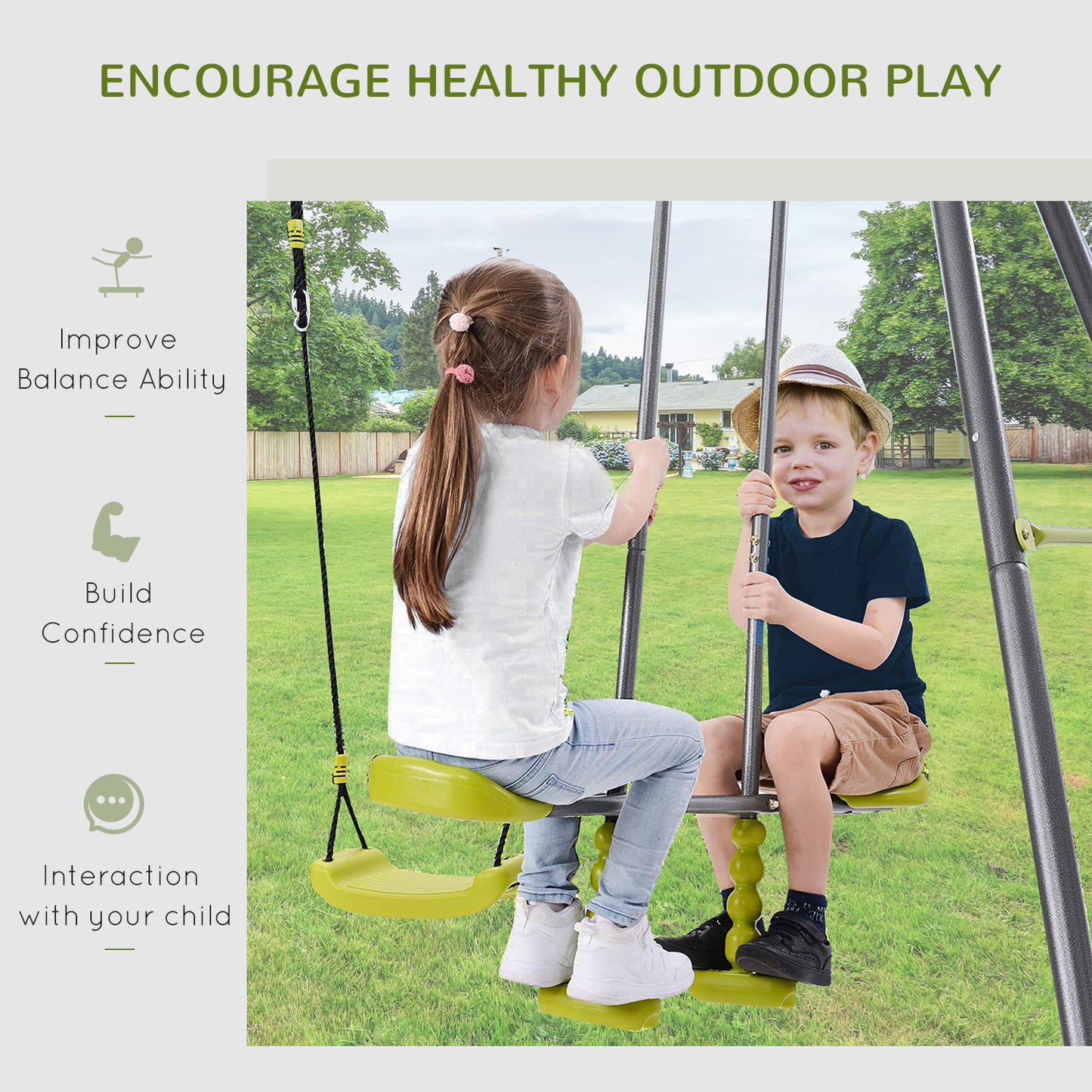 3 in 1 Kids Metal Swing Set for Backyard with Swing Seat, Glider and Climbing Ladder, Heavy Duty Metal Frame for 4 Children