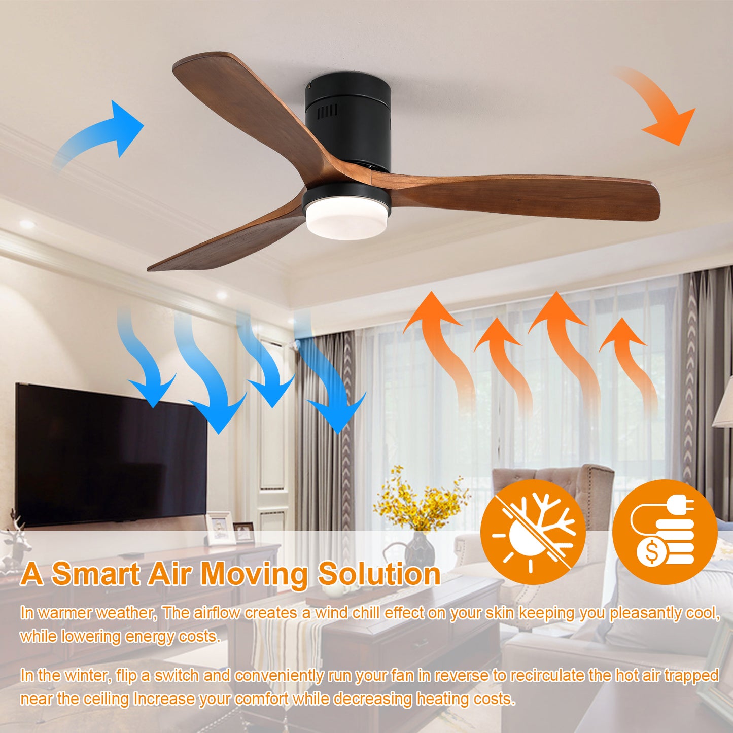 52 Inch Indoor Ceiling Fan With Lights 3 Solid Wood Fan Blade Noiseless Reversible Motor Remote Control With Light