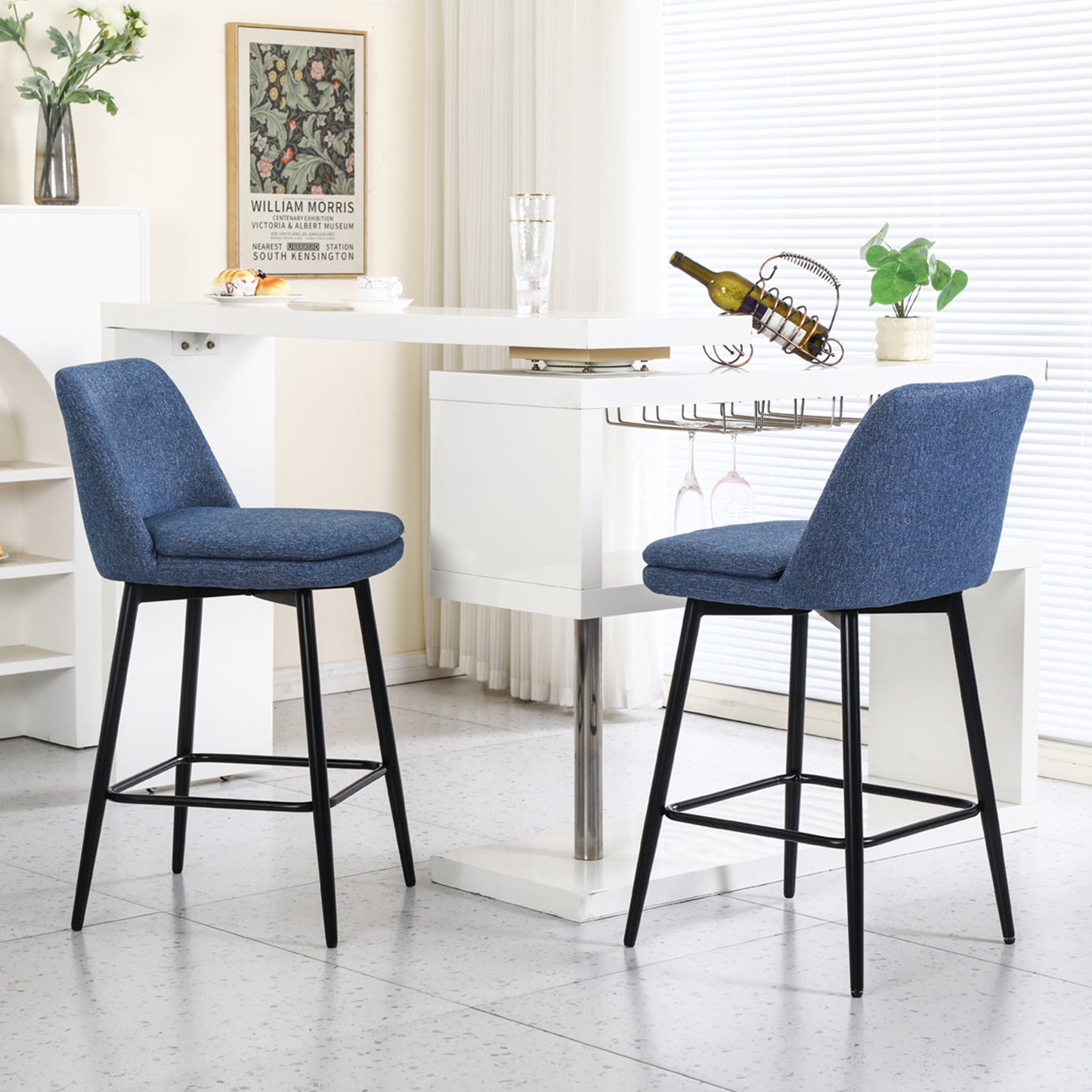 Counter Height Swivel Bar Stools Set of 2, 360° Swivel Upholstered Barstools with Back and Metal Legs, 25.6" Seat Height,Counter Stools for Kitchen Island and Pub,Linen Cloth,Blue Linen