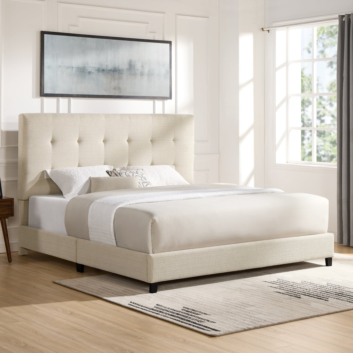 King Size Beige Tufted Upholstered Platform Bed