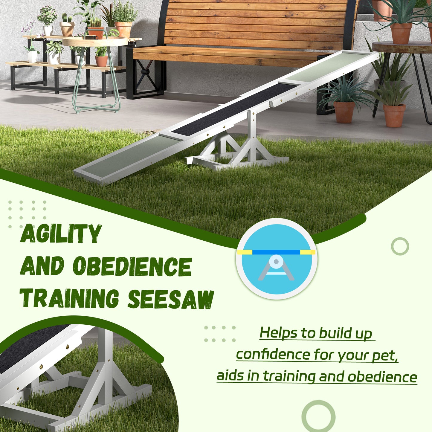 PawHut Wooden Dog Agility Seesaw for Training and Exercise, Platform Equipment Run Game Toy, Weather Resistant Pet Supplies, 71" L x 12" W x 12" H, White