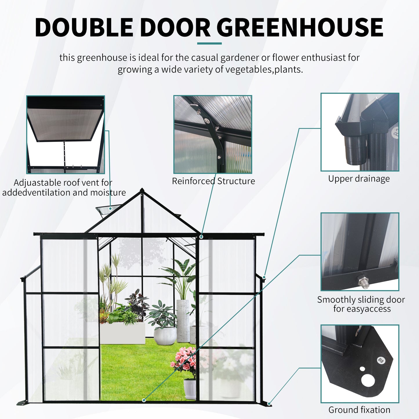 8X6FT-Black Double Door Polycarbonate Greenhouse Raised Base and Anchor Aluminum Heavy Duty Walk-in Greenhouses for Outdoor Backyard in All Season