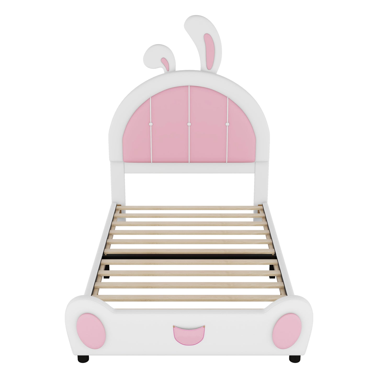 Twin Size Upholstered Platform Bed with Rabbit Shaped Headboard, White