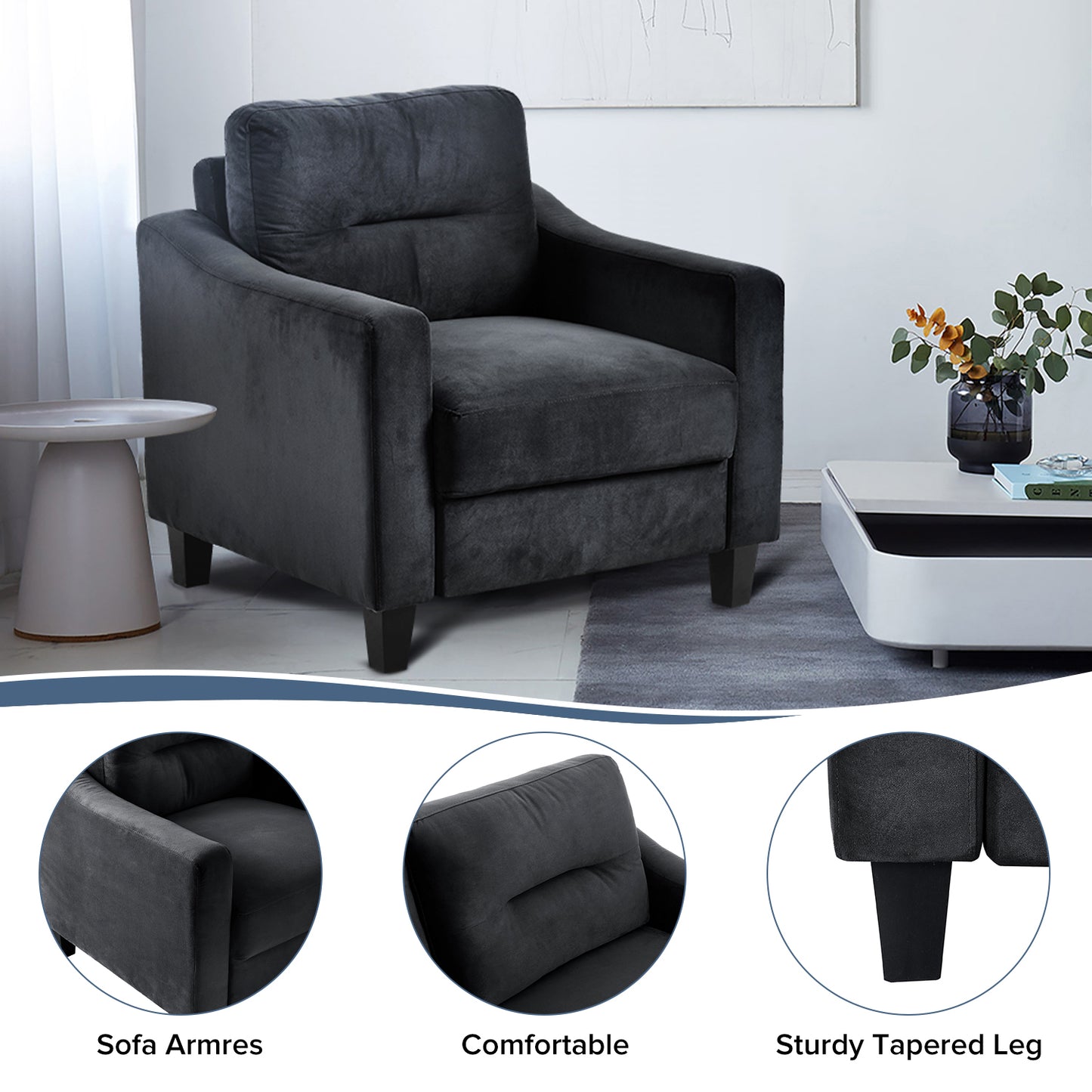 Chair Comfortable for Living Room Bedroom Office Small Space Black Velvet