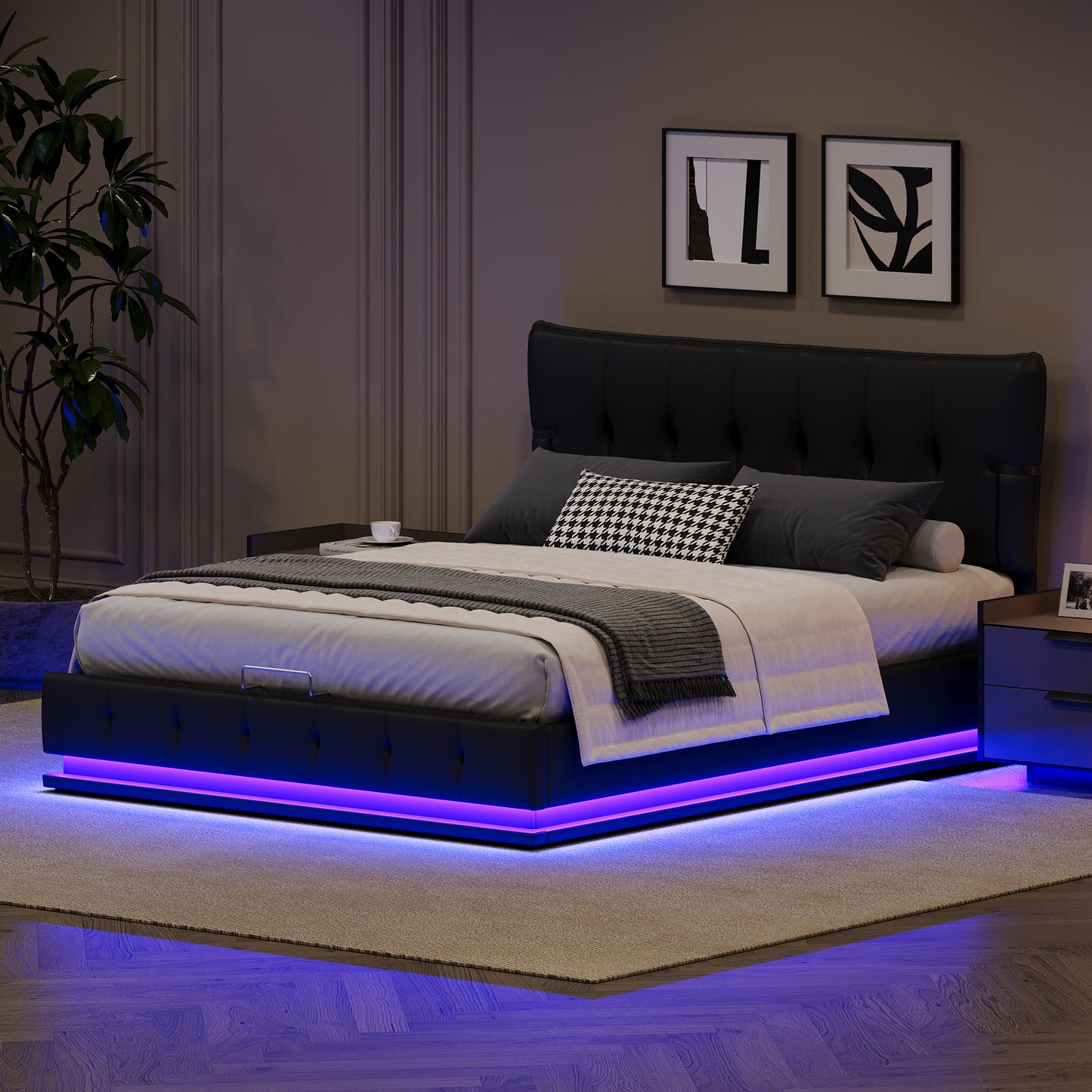 Upholstered Platform Queen Size Hydraulic Storage Bed, Lift Up Storage Bed with RGB LED Light, PU Leather Headboard and Footboard, No Box Spring Needed, Black