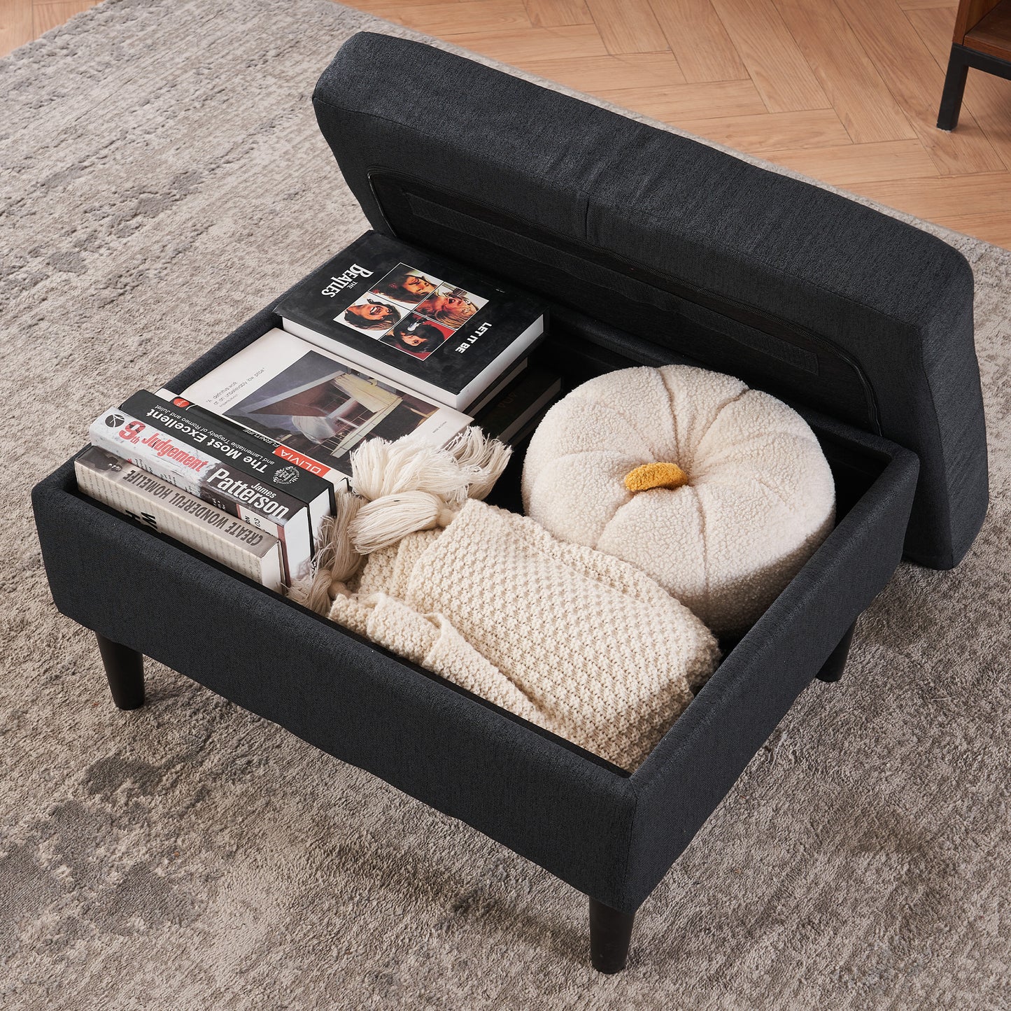 Dark Gray Upholstered Armchair and Storage Ottoman Set - Comfortable Single Sofa with Cup Holders and Tufted Detailing, Ideal for Living Room or Bedroom