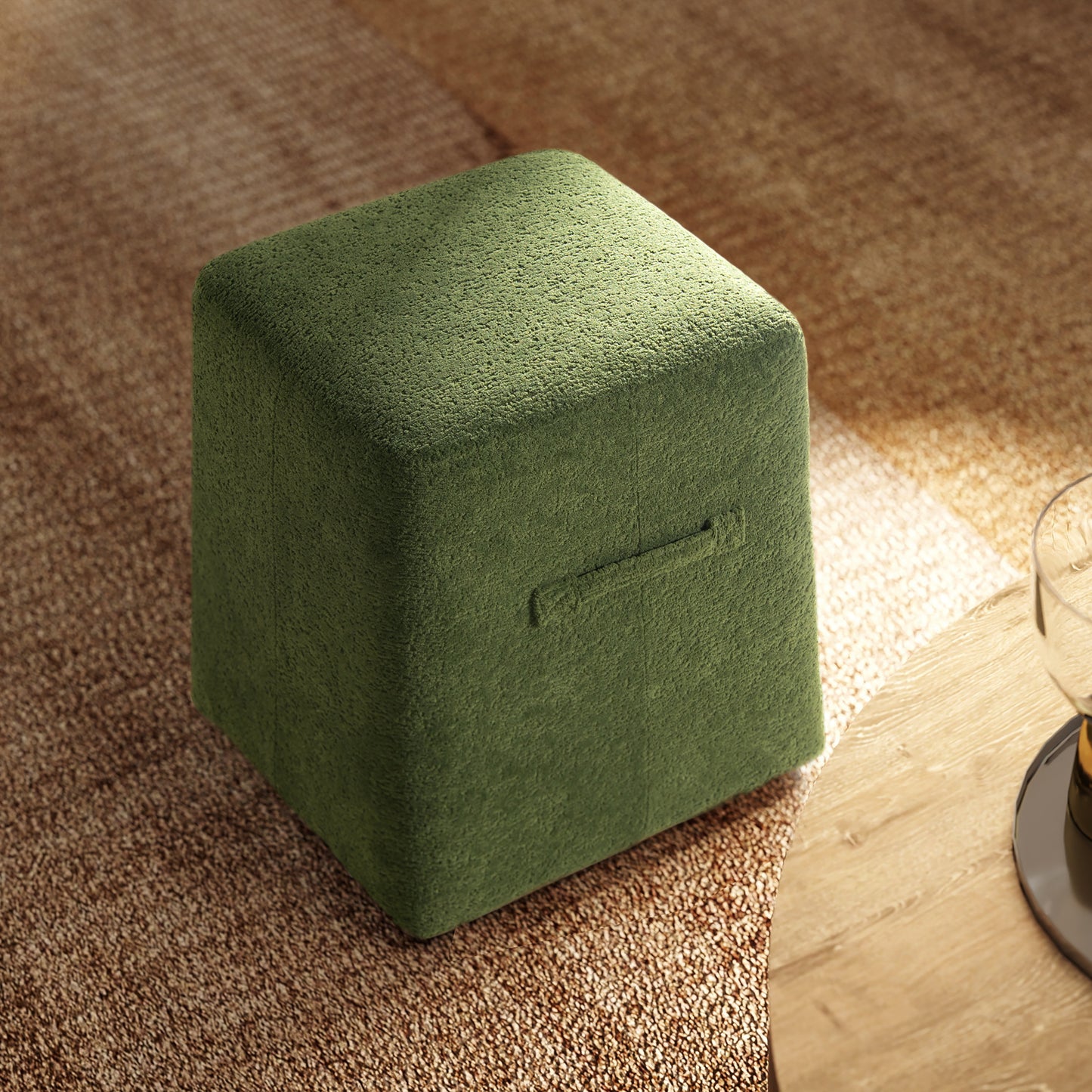 Oliver 16' Tapered Square Upholstered Ottoman, Moss Green Fleeced Teddy
