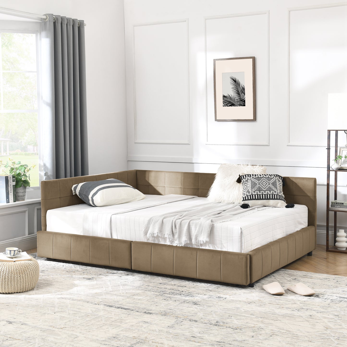 Full Size Storage Upholstered Tufted Bed Frame, Sofa Bed Frame with Comfortable Backrest and Armrests, Full Size Bed for Bedroom, Living Room,Velvet, BROWN(80.5''*59''*29.5'')