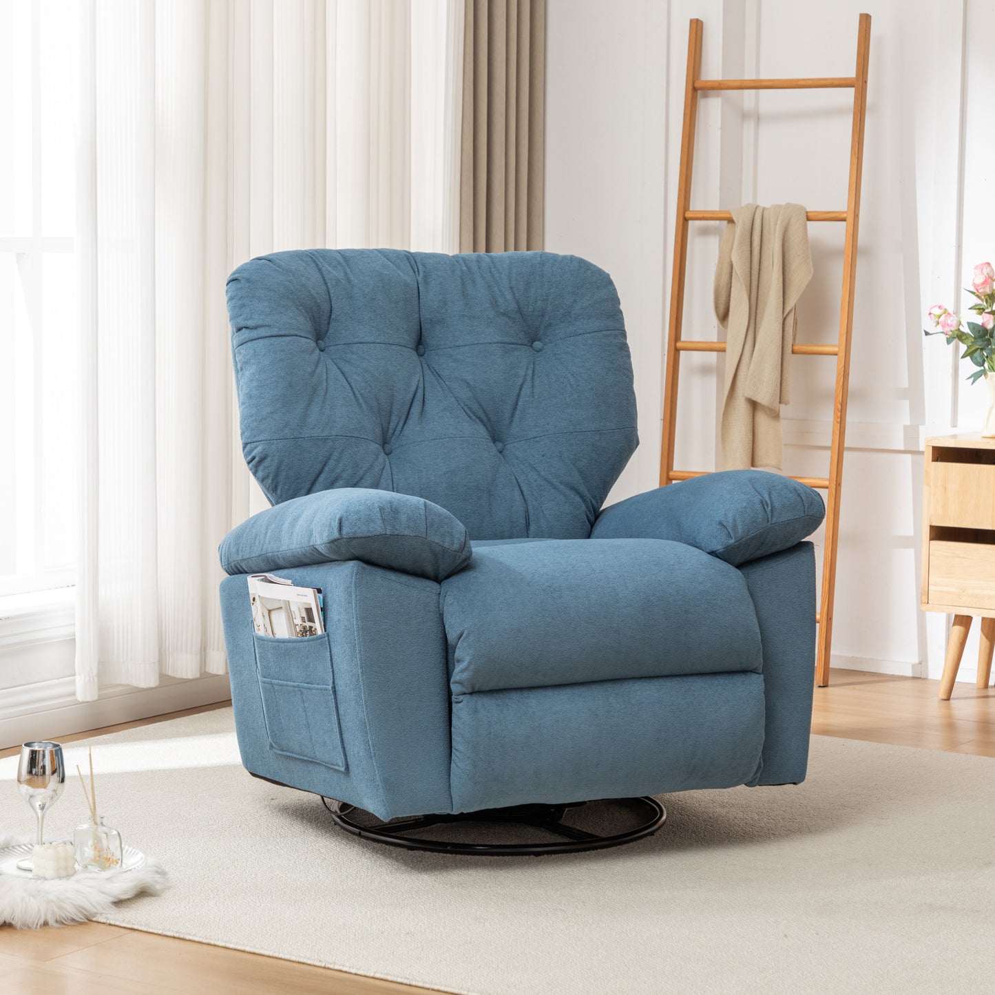 Blue Relaxing Recliner Chair,Soft Artificial Fleece, Overstuffed, Swivel, Glider, Side Pocket