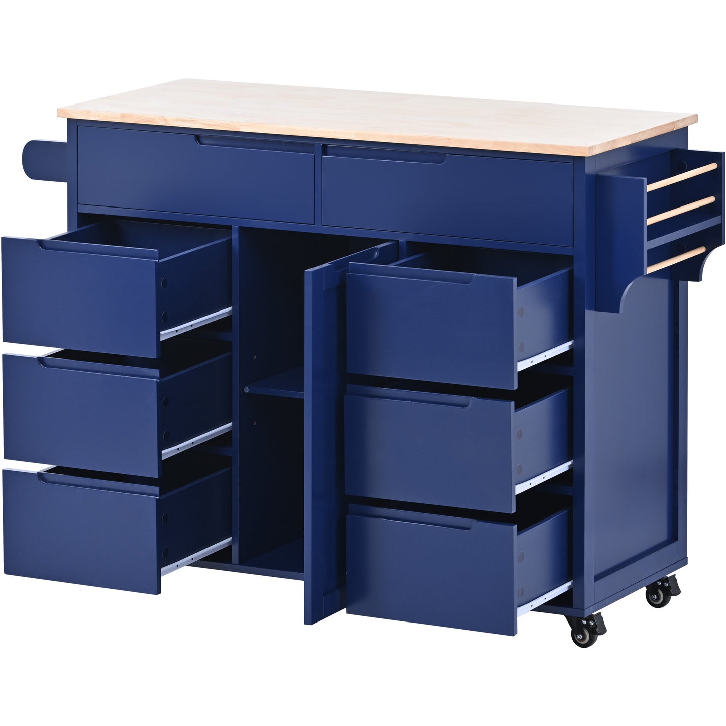 K&K Store Kitchen Cart with Rubber Wood Countertop , Kitchen Island has 8 Handle-Free Drawers Including a Flatware Organizer and 5 Wheels for Kitchen Dinning Room, Dark Blue