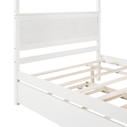 Wood Canopy Bed with Trundle Bed ,Full Size Canopy Platform bed With  Support Slats .No Box Spring Needed, Brushed White