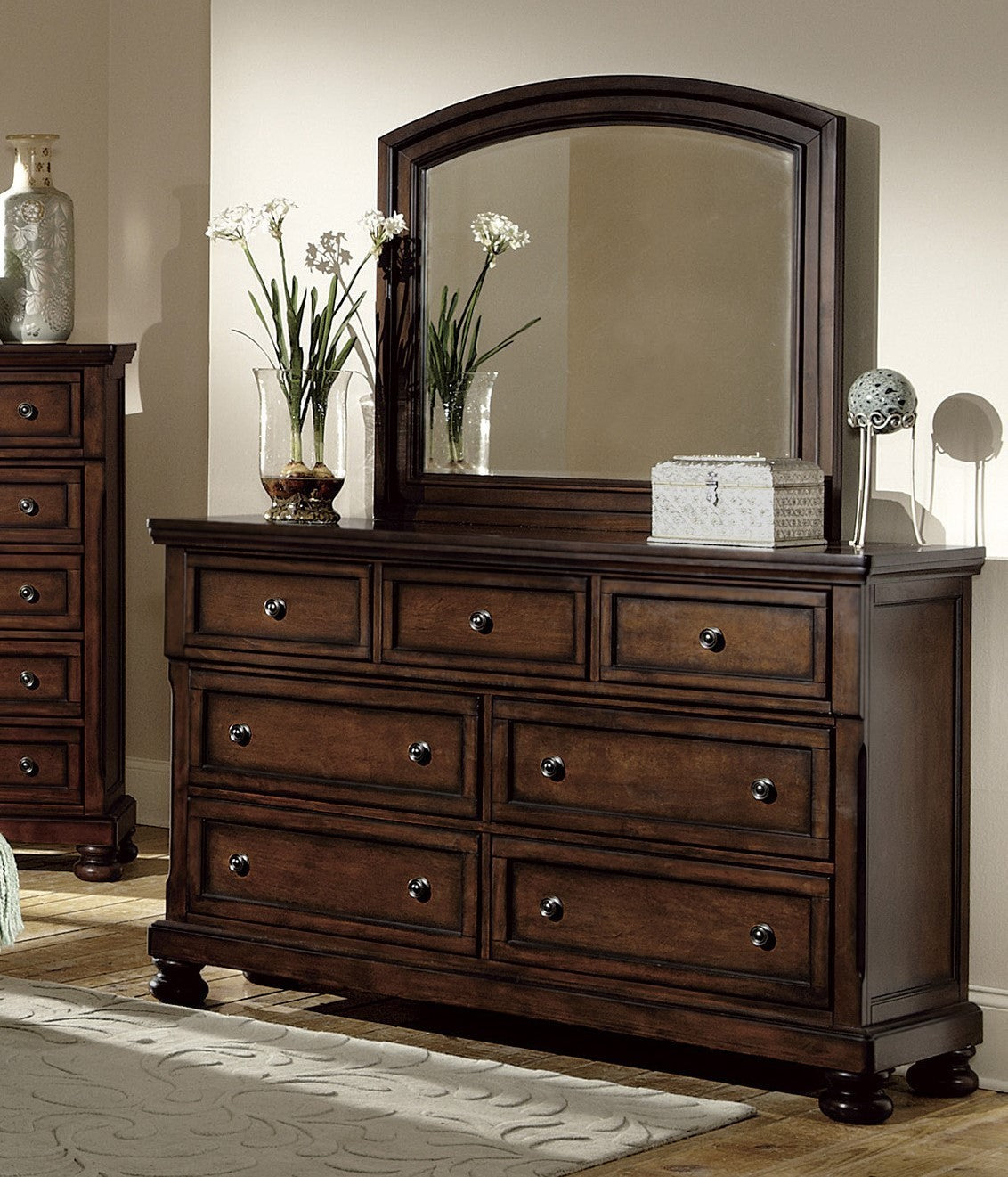 Classic Transitional Dresser of 7 Drawers Brown Cherry Finish Birch Veneer Hidden Drawer Bun Feet Bedroom Traditional Furniture