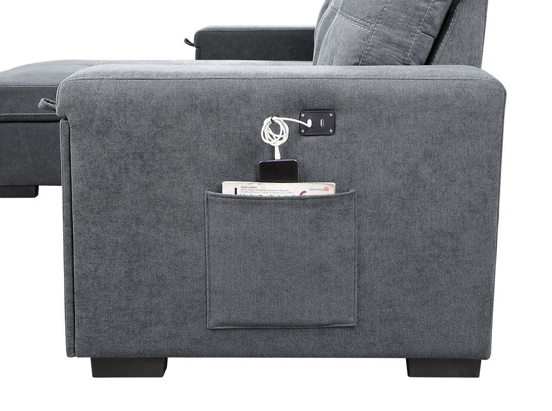 Toby 95" Gray Woven Fabric Reversible Sleeper Sectional Sofa with Storage Chaise Cup Holder Charging Ports and Pockets