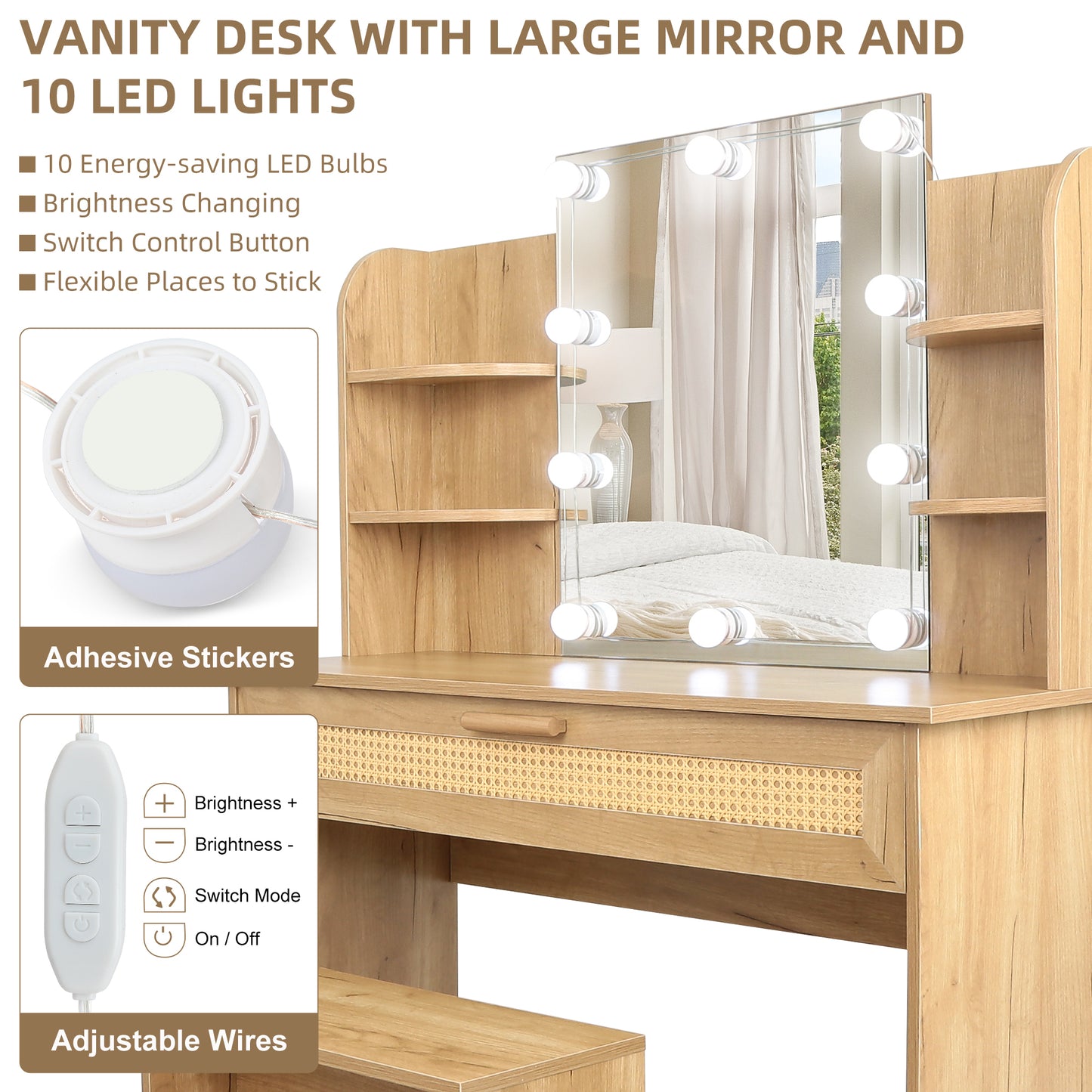 Vanity Desk Set Stool & Dressing Table with LED Lighting Mirror Drawer and Compartments Modern Wood Cosmetic Table Chest of Drawers Nature Color