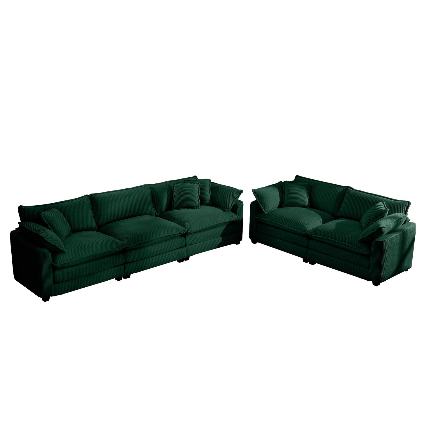 Modern Fabric Living Room Sofa Set, Two 2-Seater Sofas with Cushions, Green Corduroy Upholstery