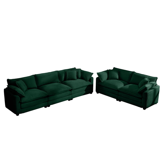 Modern Fabric Living Room Sofa Set, Two 2-Seater Sofas with Cushions, Green Corduroy Upholstery