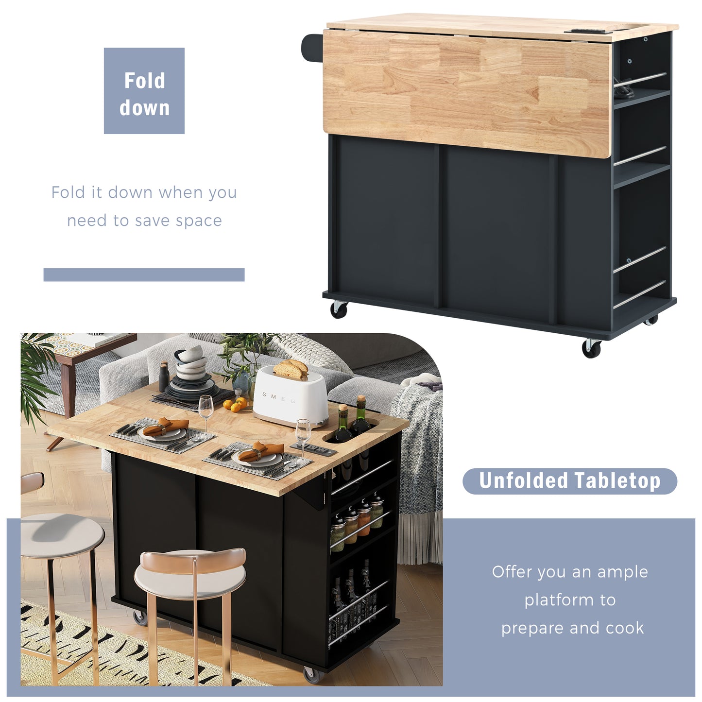 Kitchen Island with Power Outlet,Kitchen Storage Island with Drop Leaf and Rubber Wood,Open Storage and Wine Rack,5 Wheels,with Adjustable Storage for Home, Kitchen, and Dining Room, Black