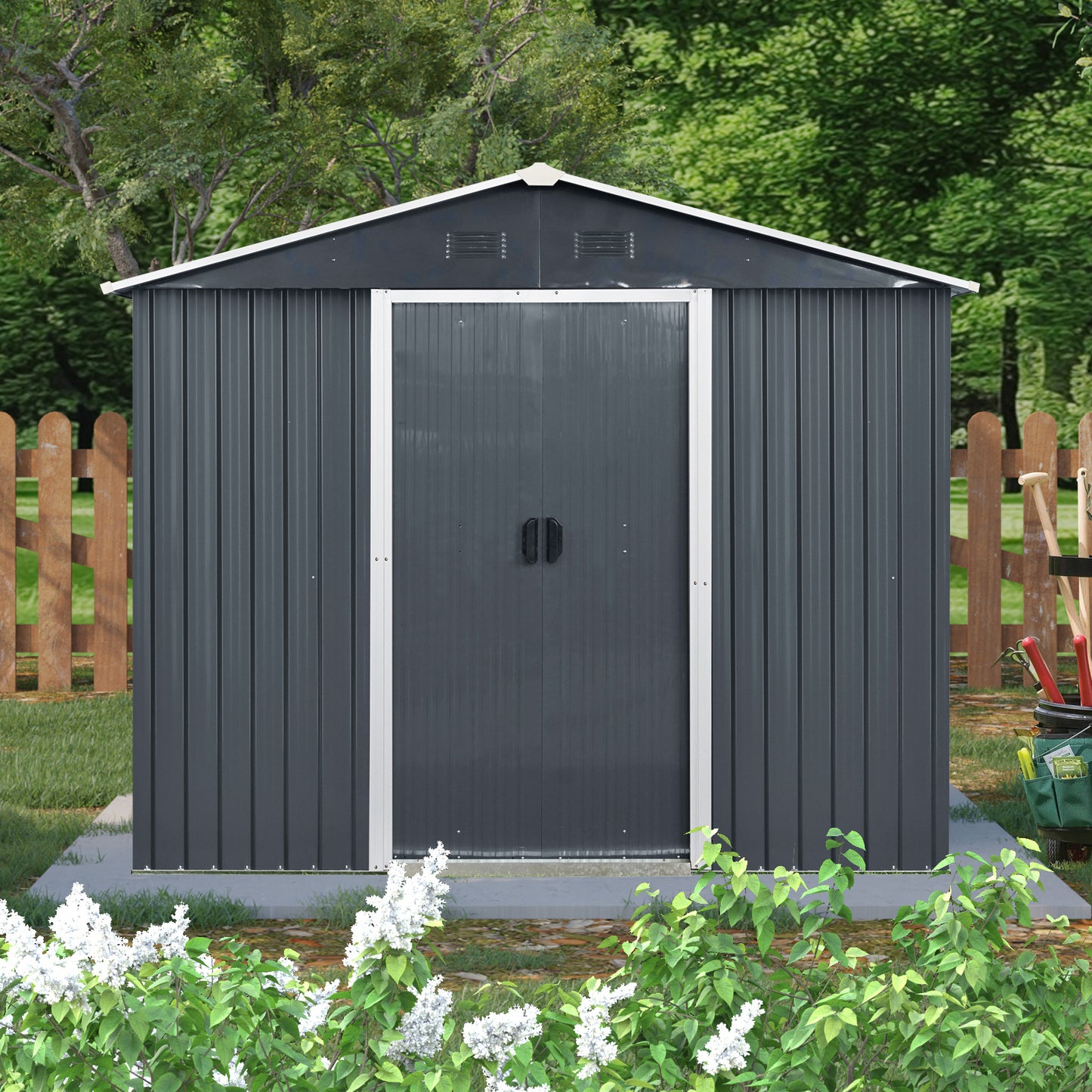 8ft x 4ft Outdoor Metal Storage Shed with Window and Metal Foundation for Backyard, Patio, Lawn (Black and White)