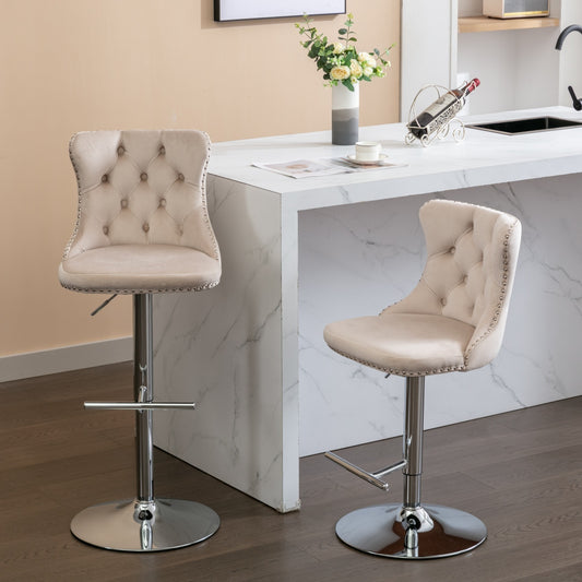 Swivel Velvet Barstools Adjusatble Seat Height from 25-33 Inch, Modern Upholstered Chrome base Bar Stools with Backs Comfortable Tufted for Home Pub and Kitchen Island,  Beige,Set of 2