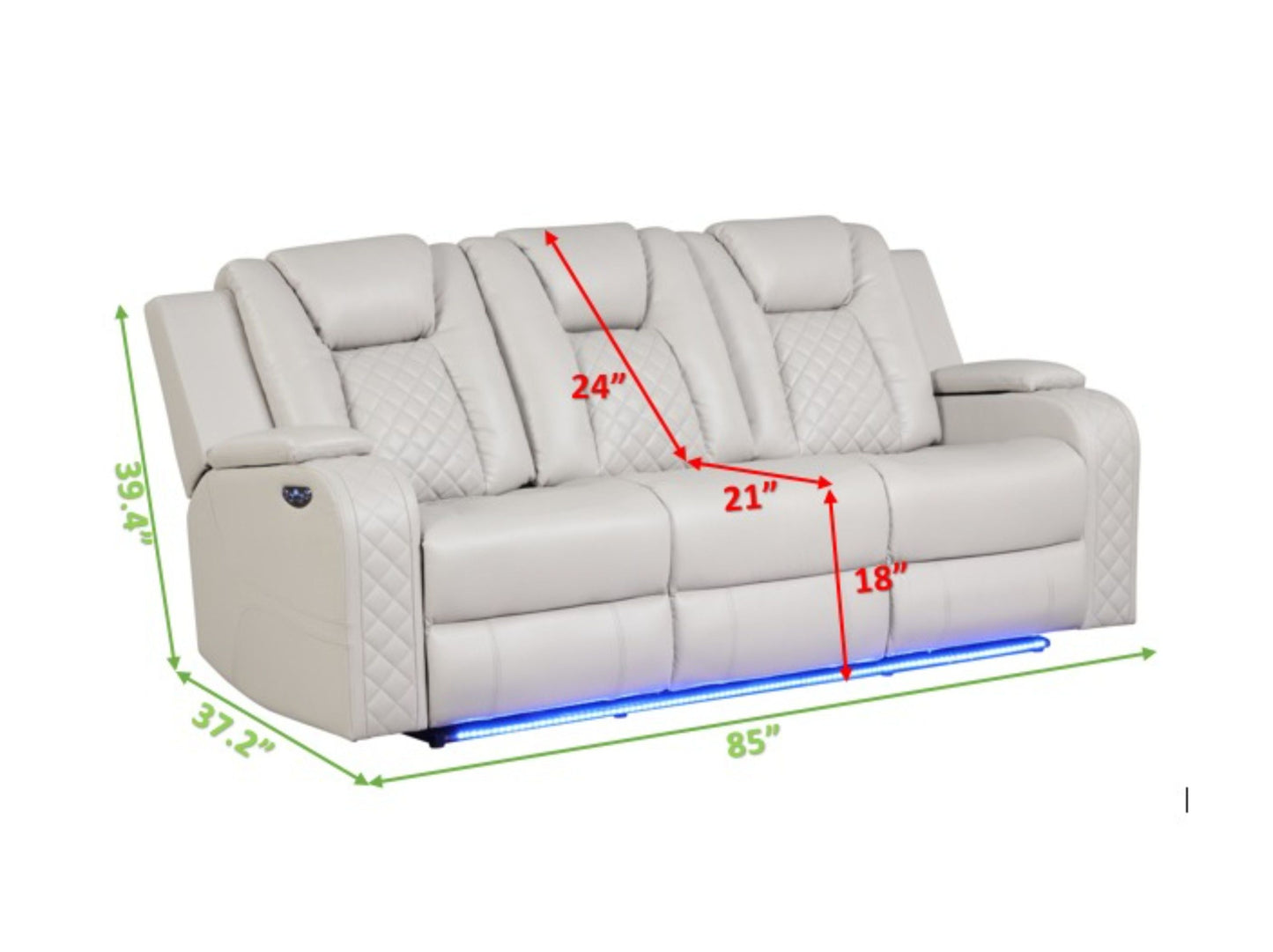 LED & Power Reclining Sofa Made With Faux Leather in Ice