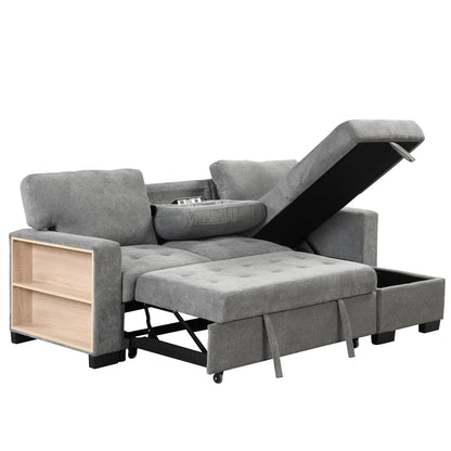 Stylish and Functional Light Chaise Lounge Sectional with Storage Rack Pull-out Bed Drop Down Table  and USB Charger Gray