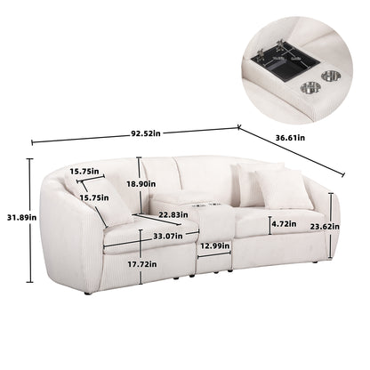 UNITED WE WIN corduroy fabric, two cup holders, storage, oversized two-seat, solid wood frame, high quality sponge filling, curved placement sofa