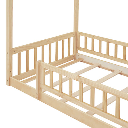 Twin Size Wood Bed House Bed Frame with Fence, for Kids, Teens, Girls, Boys,Natural