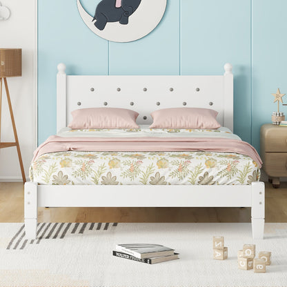 Twin Bed with Button-Decoration Headboard, with Bed Slats,White