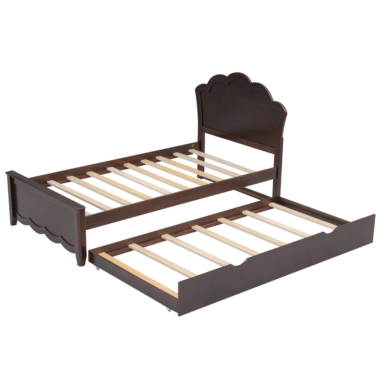 Twin Size Wood Platform Bed with Headboard and Twin Size Trundle, Cappuccino