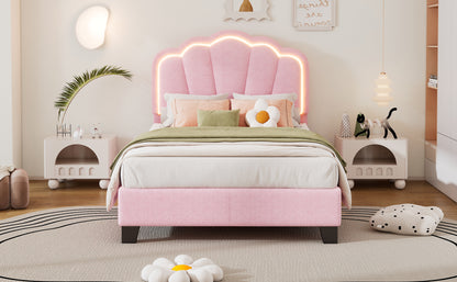 Twin Size Upholstered Flower-Shape Bed, Elegant Flowers Headboard with LED Light Strip ,Sherpa Fabric Platform Bed with Wooden Slats Support, Pink